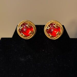 Chanel Vintage Gold & Red Gripoix Clip on Earrings